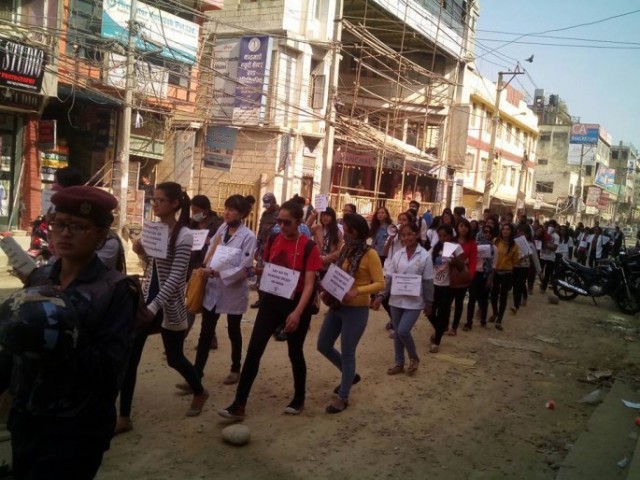 A protest by Nepali nursing students in Bangalore, India.